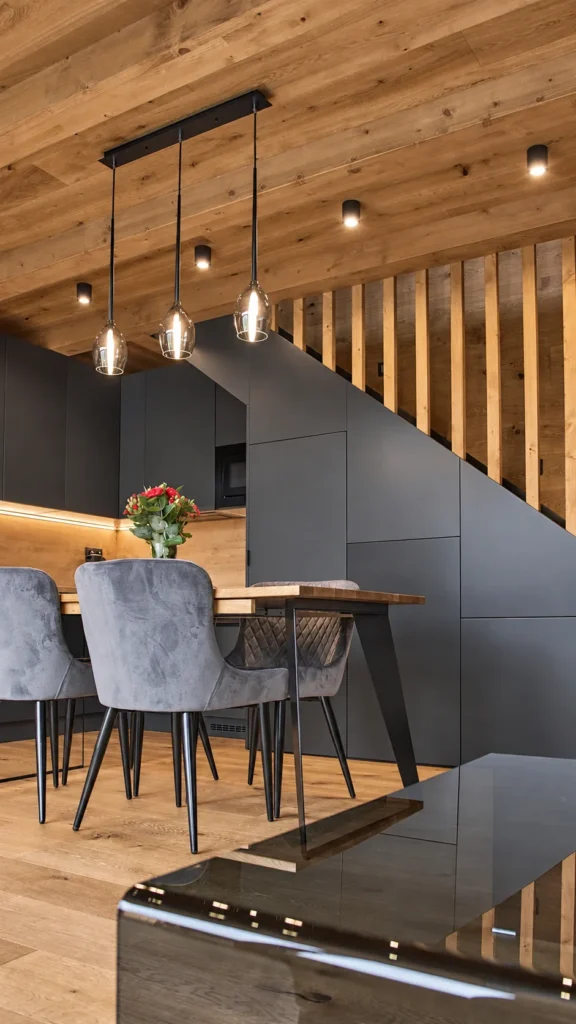 Apartmán na Donovaloch, jedálenský stôl so závesnými svietidlami pod schodiskom